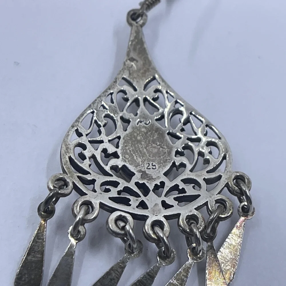 Vintage Sterling Silver Lapis Filigree Chandelier Earrings Boho Statement Fringe